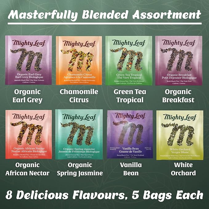 Mighty Leaf Organic Tea Sampler – 40 Count Silken Tea Bags – 8 Assorted Flavors: Tropical Green, Chamomile Citrus, Earl Grey, Vanilla Bean, White Orchard, Breakfast, Spring Jasmine, African Nectar – Premium Tea Gift Box