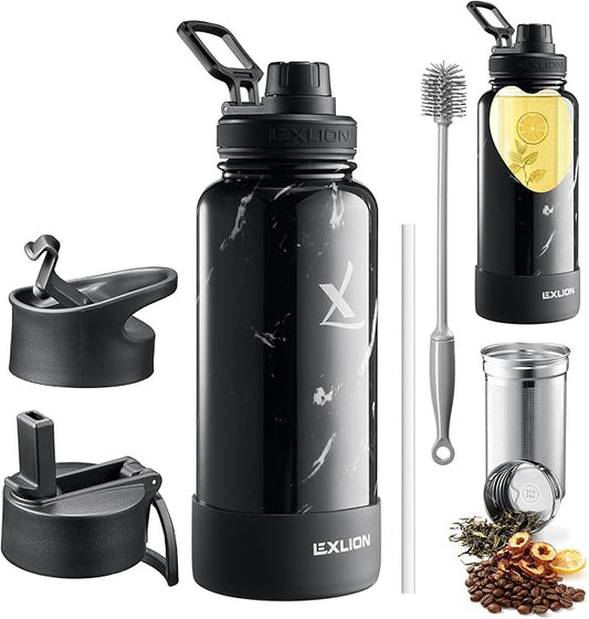 Lexlion Tea Infuser Water Bottle 32 Oz – Triple Wall Insulated Stainless Steel, Loose Leaf & Fruit Strainer, 3 Leakproof Lids, BPA-Free Silicone Sleeve, Reusable Thermal Mug