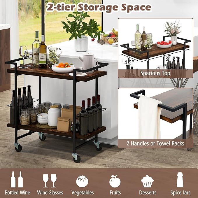 GOFLAME Bar Cart for Home, 2-Tier Kitchen Cart with Lockable Wheels and Anti-Fall Guardrail, Bar Serving Cart with Metal Frame, Rolling Beverage Storage Cart for Dining Room, Living Room