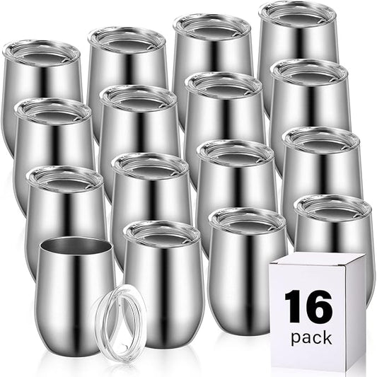 16 Pack Stainless Steel Wine Tumblers 12 oz Insulated Vacuum Wine Cup Set Double Wall Stainless Steel Stemless Mug Glasses for Coffee Soda Whiskey Outdoor Travel (Silver)