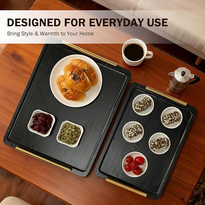PEKER Wooden Serving Tray with Metal Handles, Black Decorative Coffee Table Tray for Breakfast in Bed, Ottoman & Home Décor, Wooden Food Tray for Kitchen, Living Room & Dining Table