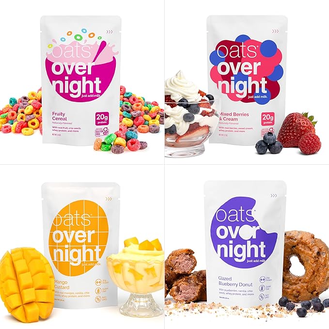 Oats Overnight Fruit Variety Pack - High Protein, High Fiber Breakfast Protein Shake - Gluten Free Oatmeal, Non GMO High Protein Oatmeal - Fruity Cereal, Chocolate Covered Banana & More (24 Pack)