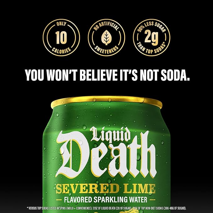 Liquid Death Soda-Flavored Sparkling Water - Severed Lime (Classic Lime Soda), Less Sugar*, Huge Flavor, No Caffeine, No Artificial Sweeteners, 12 Fl Oz (Pack of 12)