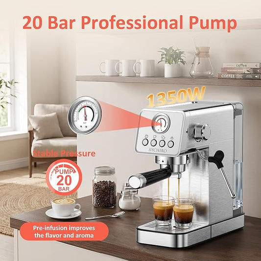 20 Bar Espresso Machine, Adjustable Espresso Machine with Milk Frother, Espresso Maker with Removable Water Tank, Compact Size for Home & Office, Cup Warmer for Home Barista