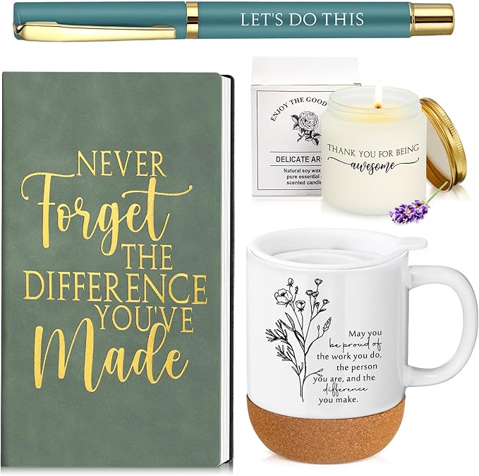 4 Pcs Thank You Gift Set for Men Women Employee Coworker Inspirational Appreciation Gifts Notebook Coffee Mug Scented Candle Pen for Valentine's Day Team Office Staff Teacher Nurse Volunteer