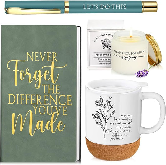 4 Pcs Thank You Gift Set for Men Women Employee Coworker Inspirational Appreciation Gifts Notebook Coffee Mug Scented Candle Pen for Valentine's Day Team Office Staff Teacher Nurse Volunteer