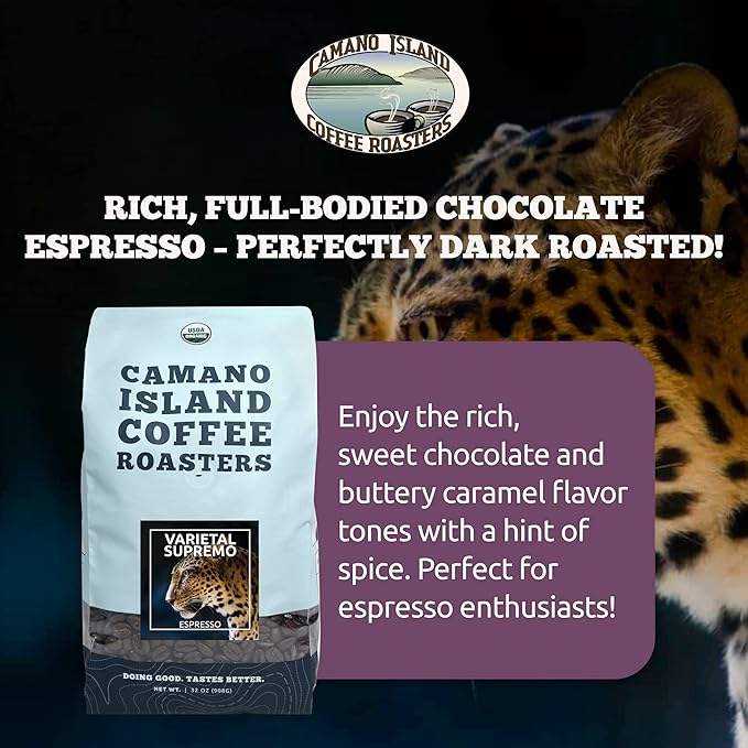 Camano Island Coffee Roasters Varietal Supremo Espresso Blend, Ground 2lb, Fresh Dark Roast, USDA Organic, Fairly Traded, Shade Grown Arabica, Chocolate, Caramel, Hint of Spice Flavor Profile