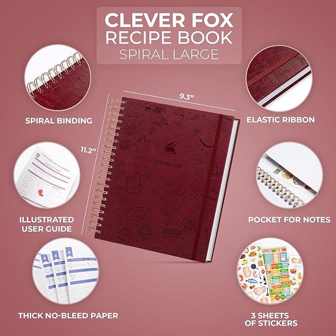 Clever Fox Recipe Book Spiral – Blank Family Cookbook – Empty Cooking Journal – Notebook Organizer to Write In Recipes – Large (Burgundy)