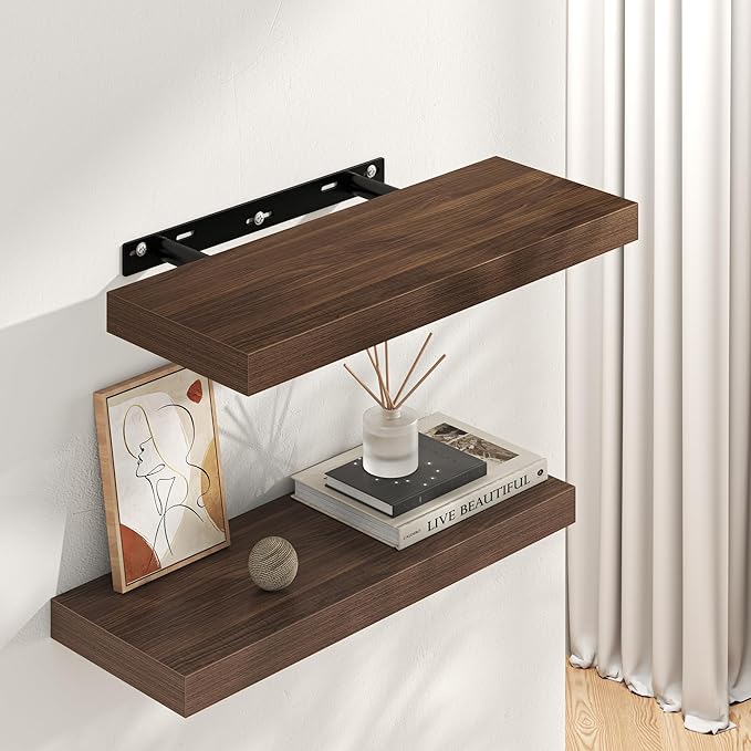 Floating Shelves for Wall, 40" W x 8" D x 1.5" H, Wooden Wall Mounted Display Shelves with Invisible Brackets for Living Room, Bedroom, Bathroom, Kitchen Decor and Storage, Set of 2, Walnut