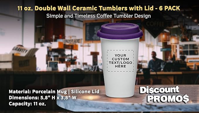Personalized 11 oz. Double Wall Ceramic Tumblers with Lid - 6 Pack - Custom Text, Logo - Purple