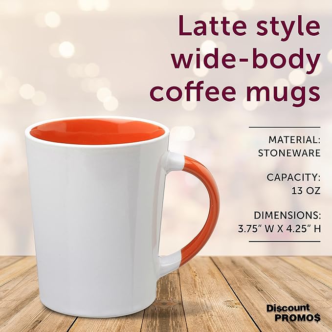 DISCOUNT PROMOS Ceramic Latte Coffee Mugs by Albany 13 oz. Set of 10, Bulk Pack - Perfect for Coffee, Tea, Espresso, Hot Cocoa, Other Beverages - Orange