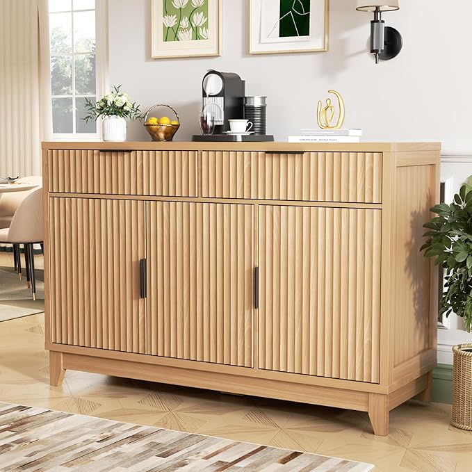 Vabches Modern Sideboard Buffet Cabinet with Storage, Long Credenza Storage Cabinet with Drawer, Fluted Doors & Adjustable Shelf, Wood Buffet Table for Living Room, Kitchen Dining Room, Entryway, Oak