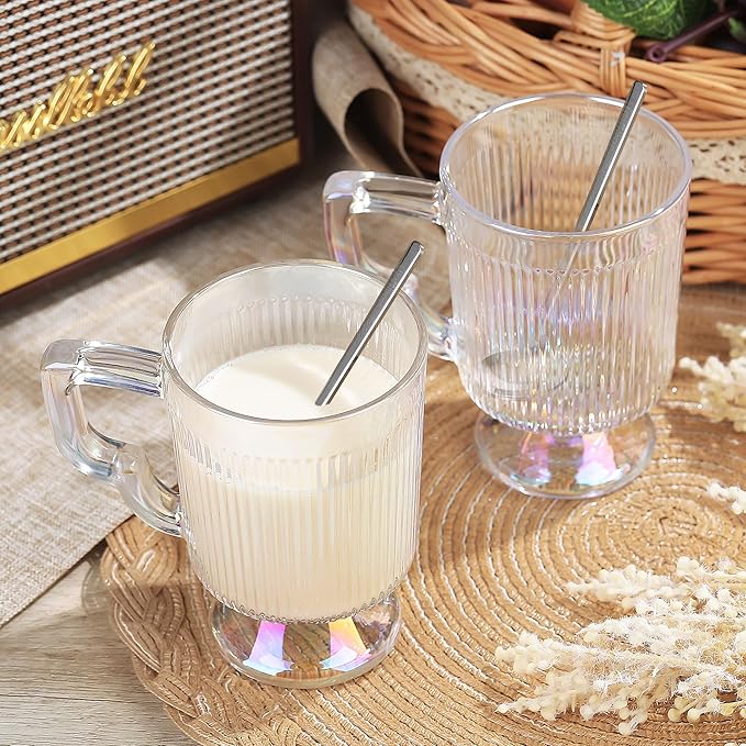 Joeyan Iridescent Glass Coffee Mugs,Vintage Ribbed Coffee Cups with Handle,Tea latte Cappuccino Espresso Milk Cups,Rainbow Drinking Glasses,12 oz,Set of 2