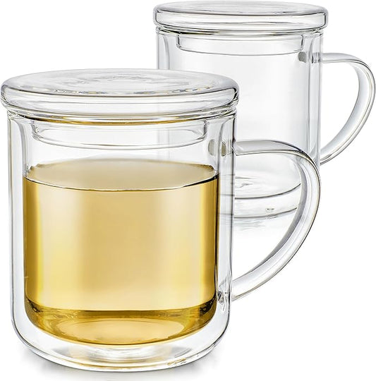 Teabloom Double-Wall Glass Cups with Lids – Set of 2 Insulated 8 oz Borosilicate Glass Mugs, Lead-Free & Plastic-Free, Pure Taste, Temperature-Retention, Dishwasher/Microwave Safe