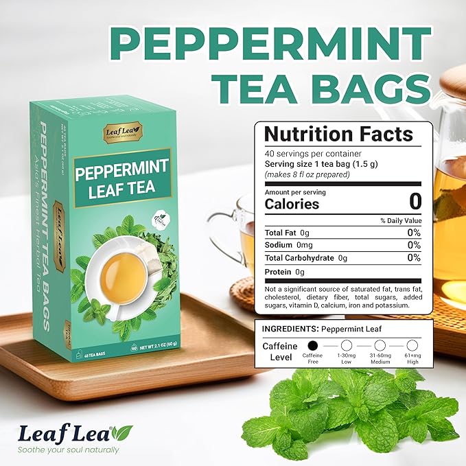 LeafLea 80 Premium Peppermint Tea Bags, 100% Natural Peppermint Leaf Tea, Te de Menta for Soothing Throat & Refreshing Breath, Light and Smooth Flavor, Caffeine-Free, Sugar-Free, Individually Wrapped
