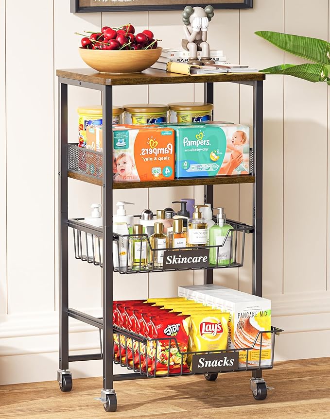 4 Tier Rolling Cart with Drawer Baskets, Metal Utility Storage Cart with Wheels and Wood Top for Living Room, Kitchen, Home Office, Bedroom, Pantry, Baby Essential, Makeup, Snack, Craft, Black