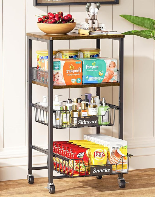 4 Tier Rolling Cart with Drawer Baskets, Metal Utility Storage Cart with Wheels and Wood Top for Living Room, Kitchen, Home Office, Bedroom, Pantry, Baby Essential, Makeup, Snack, Craft, Black