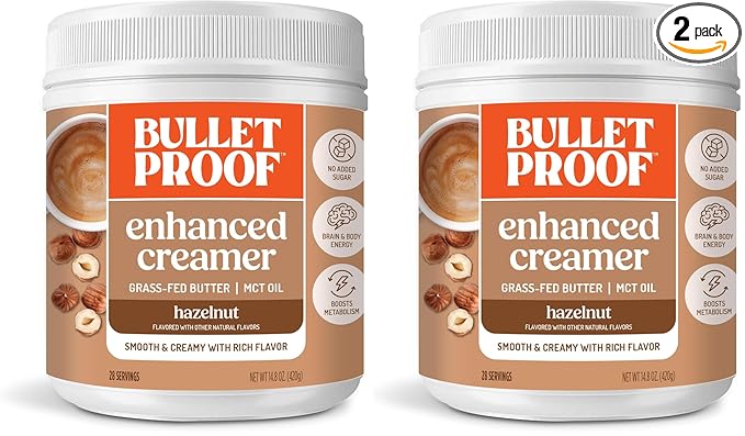 Bulletproof Hazelnut Creamer, 14.8 Ounces, Keto Coffee Creamer with MCT Oil and Grass-Fed Butter (Pack of 2)