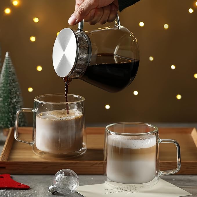 CNGLASS 12oz Glass Coffee Mugs,Double Wall Insulated Glass Cups with Handle,Clear Espresso Mugs for Latte,Cappuccino,Tea Bag,Set of 2
