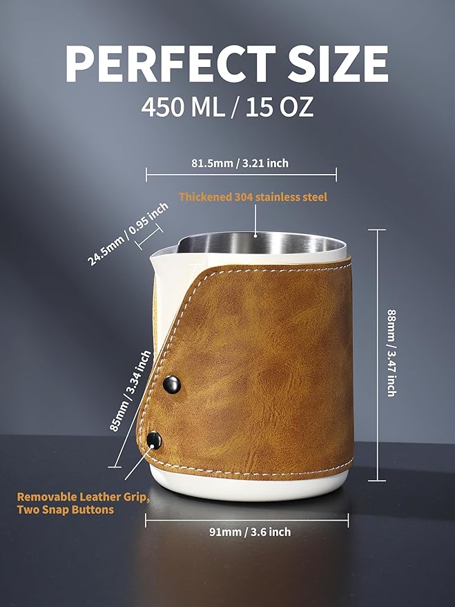 Handleless Milk Frothing Pitcher 450ml/15oz,304 Stainless steel Espresso Steaming Pitcher,milk frother cup,Milk Jug Cup,Latte Art(cream white)