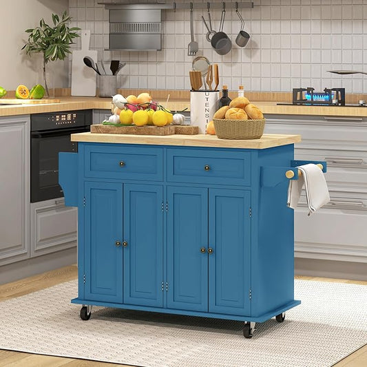 HOMCOM Kitchen Island Cart with Rubber Wood Top, Rolling Kitchen Island Table on Wheels with Drawers, Adjustable Shelves, Spice Rack and Towel Rack for Dining Room, Turquoise