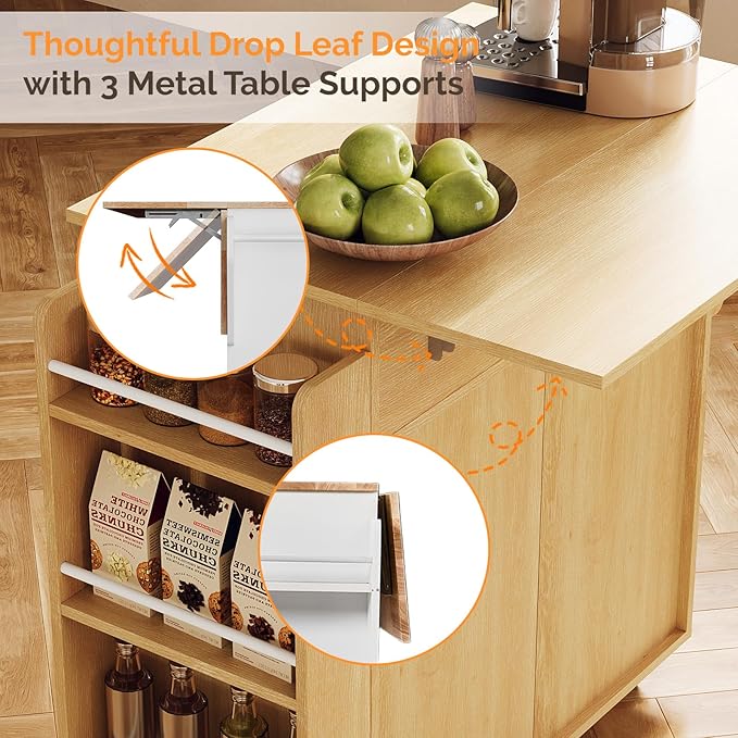 VINGLI Kitchen Island with Storage, Rolling Cart on Wheels with Foldable Drop Leaf, Drawer & Door Cabinet, Portable Kitchen Cart for Meal Prep & Organization, Oak