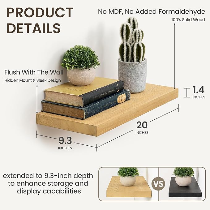 Marsmiles 20 Inch Floating Shelves | 9.3 Inch Deep Natural Wood Wall Shelves Set of 2 | Rustic Reclaimed Wood Shelves for Room Wall | Farmhouse Floating Shelves for Living Room Bathroom