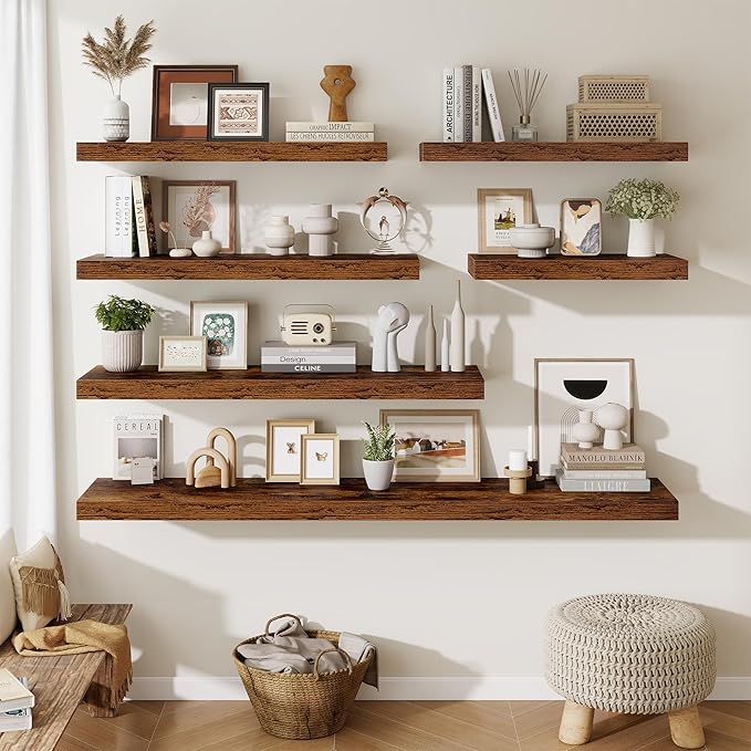 Fun Memories 12 Inch Deep Floating Shelves for Wall, 30 Inch Long Floating Shelf, 30 x 12 Shelf for Wall, Rustic Wood Bookshelves, Hanging Shelves for Bathroom Kitchen Bedroom, Rustic Brown, Set of 2
