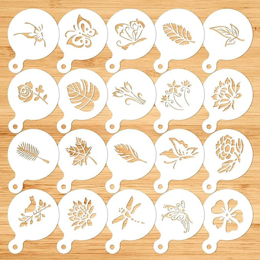 Konsait 20 Pack Cake Stencil Templates Decoration, Reusable Cake Cookies Baking Painting Journal Mold Tools, Dessert, Coffee Decorating Leaves Butterfly Flowers Bird Dragonfly for DIY Craft Decor