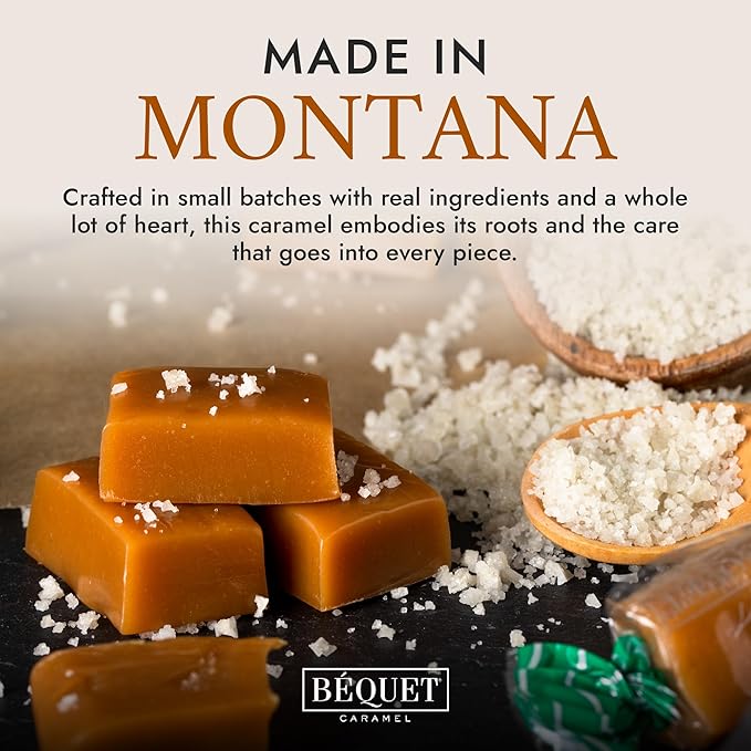 Béquet Caramel - Celtic Sea Salt Caramel - Gourmet Caramel Candy - Salted Caramel Candy Individually Wrapped - Made in Montana - Kosher (Star D) and Gluten Free - 3.6 oz Single Pouch