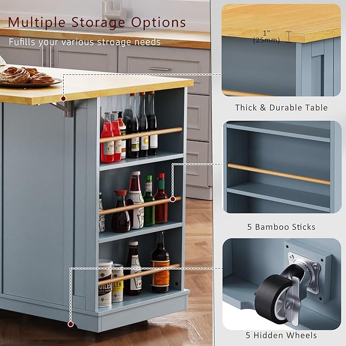 Rolling Kitchen Island with Drop Leaf & Power Outlet, Large Kitchen Islands Cart on Wheels, Movable Kitchen Island with 5 Open Storage Shelves & Towel Rack for Kitchen, Dining Room, 53-Inch, Grey Blue