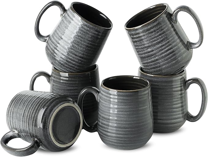 HASENSE Ceramic Coffee Mugs Set of 6, Large Coffee Cups 12 oz, Latte Mug with Large Handle for Coffee, Tea, Milk and Hot Cocoa, Easy Hold & Clean, Dishwasher & Microwave Safe, Grey