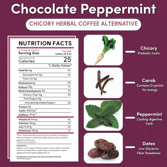 Teeccino Chocolate Mint Chicory Coffee Alternative - 11 Ounce - Ground Herbal Coffee That’s Prebiotic, Caffeine Free & Acid Free, Light Roast, (Pack of 3)