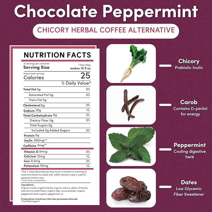 Teeccino Chocolate Mint Chicory Coffee Alternative -11 Ounce - Ground Herbal Coffee That’s Prebiotic, Caffeine Free & Acid Free, Light Roast