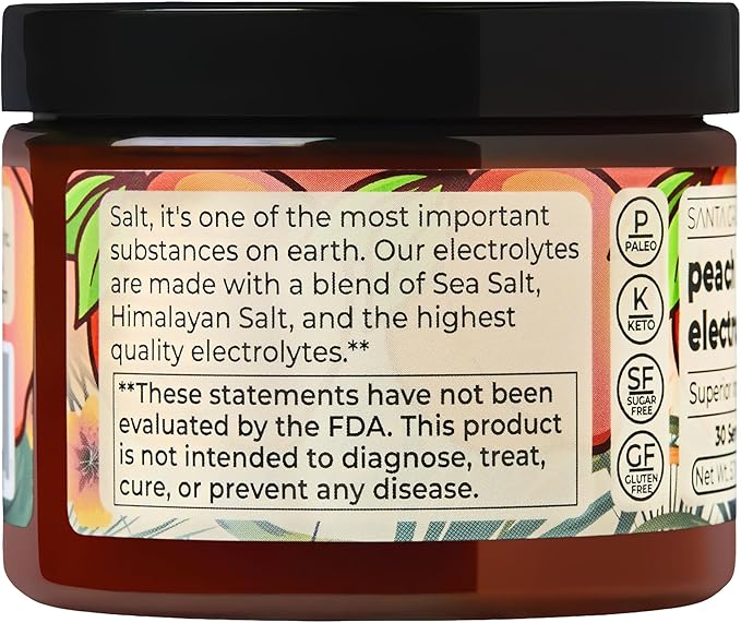 Santa Cruz Paleo Electrolyte Powder, Peach Flavor, Sugar Free Hydration Drink Mix with Himalayan Pink Salt, Sea Salt, Magnesium Glycinate, Potassium Chloride, Sweetened with Stevia, 30 Servings