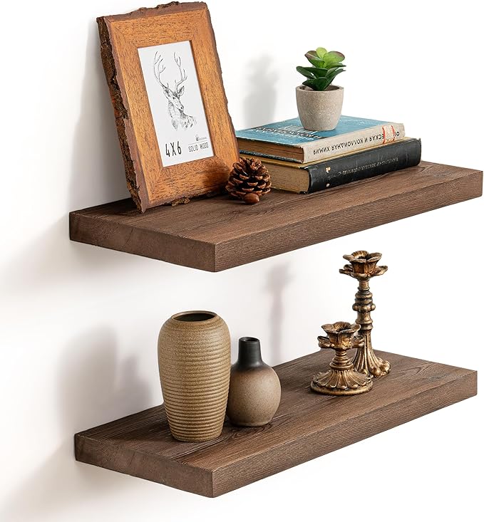 Marsmiles 20 Inch Floating Shelves | 9.3 Inch Deep Dark Wood Wall Shelves Set of 2 | Rustic Reclaimed Wood Shelves for Room Wall | Farmhouse Floating Shelves for Living Room Bathroom