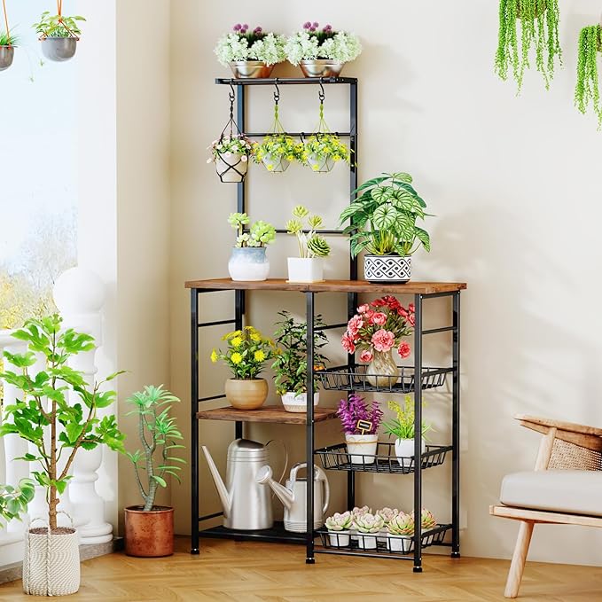 SWTYMIKI Bakers Rack with Storage - Coffee Bar Cabinet with Shelves, Coffee Station Organizer and Kitchen Stand with 8 Hooks, Baskets, Adjustable Feet for Kitchen Dining Room Pantry, Espresso