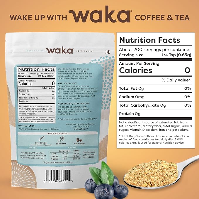 Waka Instant Green Tea Mix, Blueberry Flavored - 100% Tea Leaves and Natural Flavor, No Additives, Unsweetened Tea Powder in Bulk Pouch – Easy Quick Hot and Iced Teas, Up to 200 Cups (4.5oz)