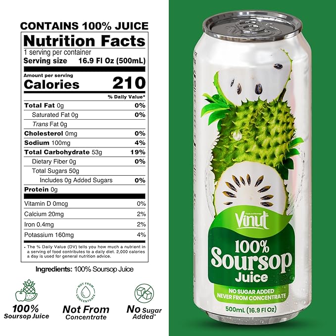 VINUT 100% Soursop Juice, No Added Sugar, Not From Concentrate, 16.9 fl oz (500 mL) Can, Pack of 12