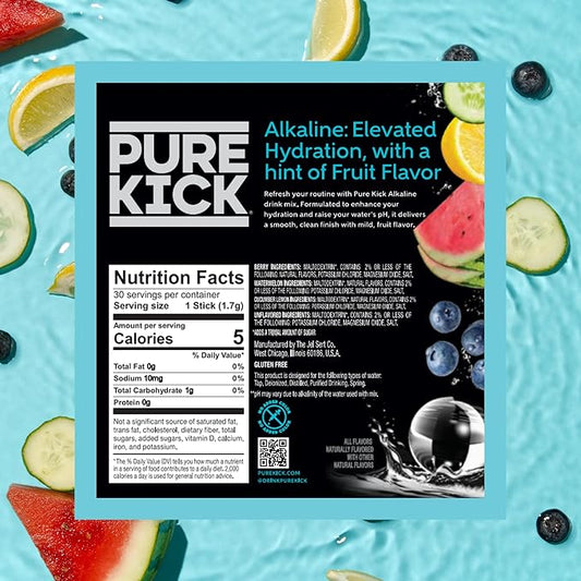 Pure Kick Alkaline pH 8.5 or Higher Powdered Drink Mix Packets Variety Pack, 30 Singles to Go!, Unsweetened with a Hint of Flavor - Watermelon, Berry, Cucumber Lemon & Unflavored, 30 Servings