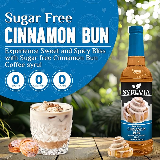 Syruvia Sugar Free Coffee Syrup, Cinnamon Bun Flavored Syrup for Drinks, Lattes, and Desserts – 25.4 fl oz, With Pump