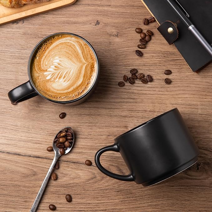 GBHOME 14 OZ Coffee Mugs Set of 6, Stackable Ceramic Mugs for Men, Women, Modern Coffee Cups With Stable Base for Latte, Tea, Cappuccino. Dishwasher & Microwave Safe, Matte Black