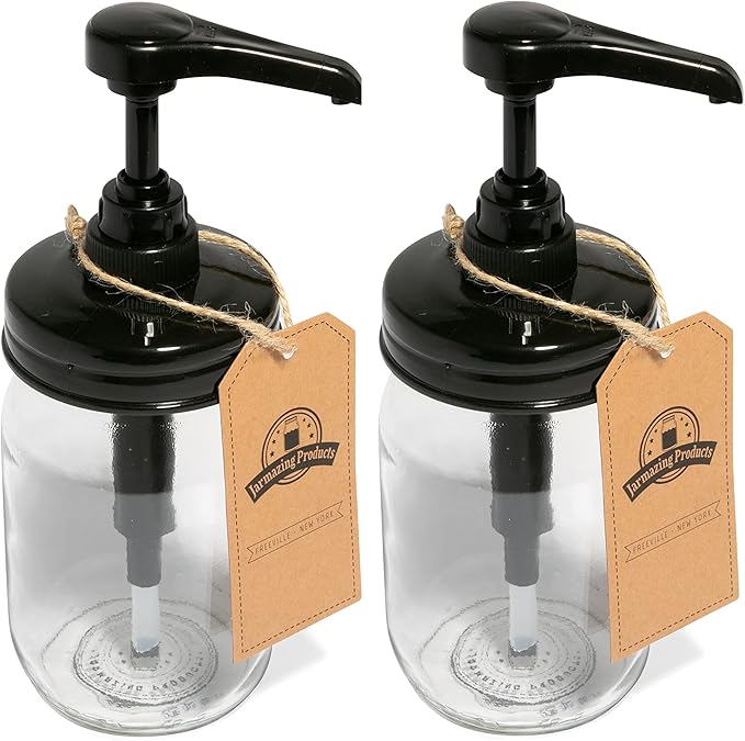 Jarmazing Products Mason Jar Syrup Dispenser - Set of 2 – 16 oz Smooth Jars with Rust-Proof, Leak-Proof, Food Grade Pumps for Honey, Syrups, Condiments, Salad Dressings and More