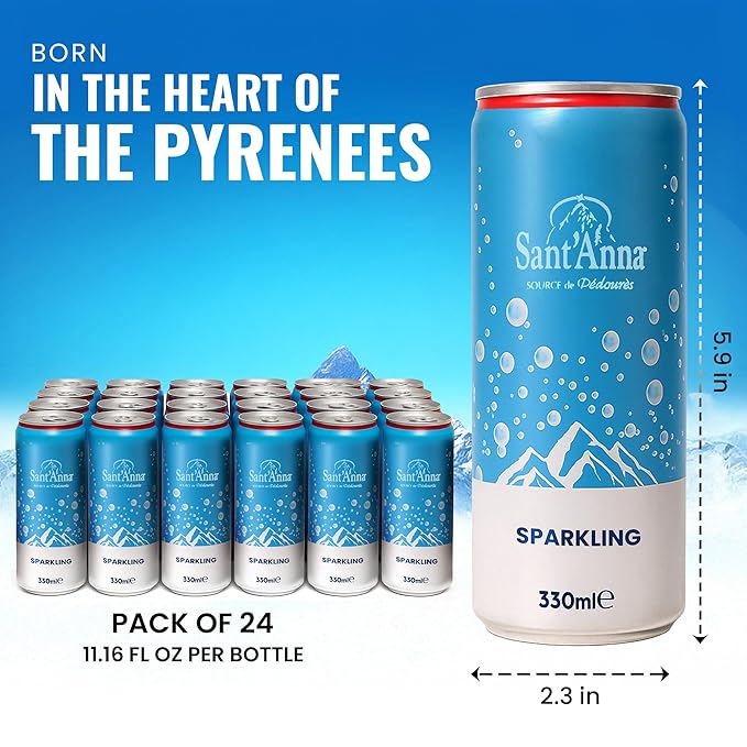 Sant'Anna Sparkling Natural Mineral Water, 11.16 Fl Oz (24-Pack) | Pure French Pyrenees Mountain-Fresh Drinking Water | Natural Functional Drink | Sodium-Free Mineral in Cans