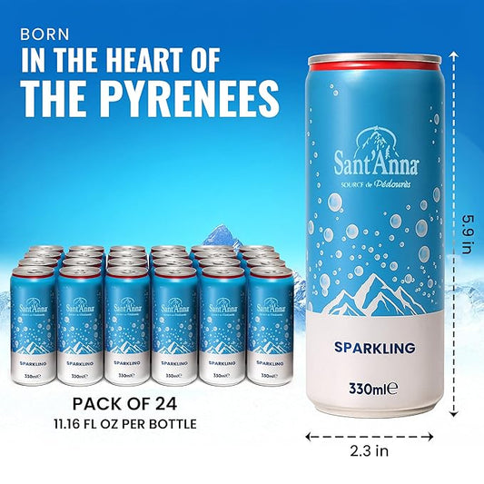 Sant'Anna Sparkling Natural Mineral Water, 11.16 Fl Oz (24-Pack) | Pure French Pyrenees Mountain-Fresh Drinking Water | Natural Functional Drink | Sodium-Free Mineral in Cans