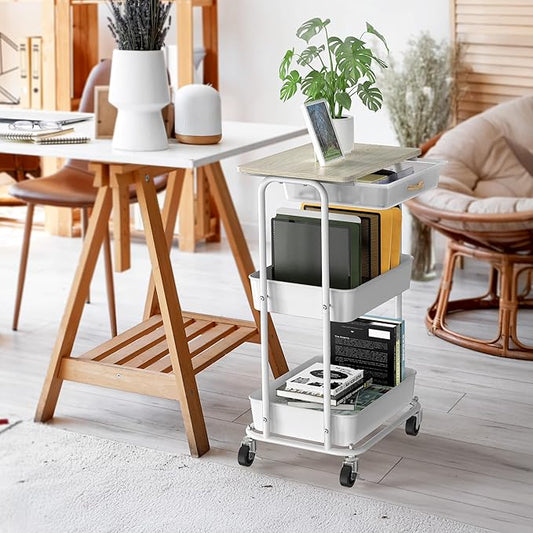Simple Houseware 3-Tier Rolling Utility Cart with Drawer & Wood Tabletop - Mobile Sofa Side Table, Nightstand, Slim Storage Organizer Trolley for Bedroom, Bathroom, Office & Art Supplies, Maple