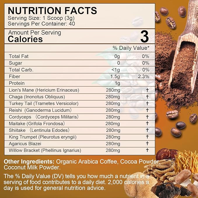 2Pack Mushroom Coffee - Lions Mane Mushroom Powder Arabica Instant Coffee with Lion's Mane, Reishi, Chaga, Cordyceps and Turkey Tail - Mushroom Coffe Alternative Support Immune & Focus, Brain Booster