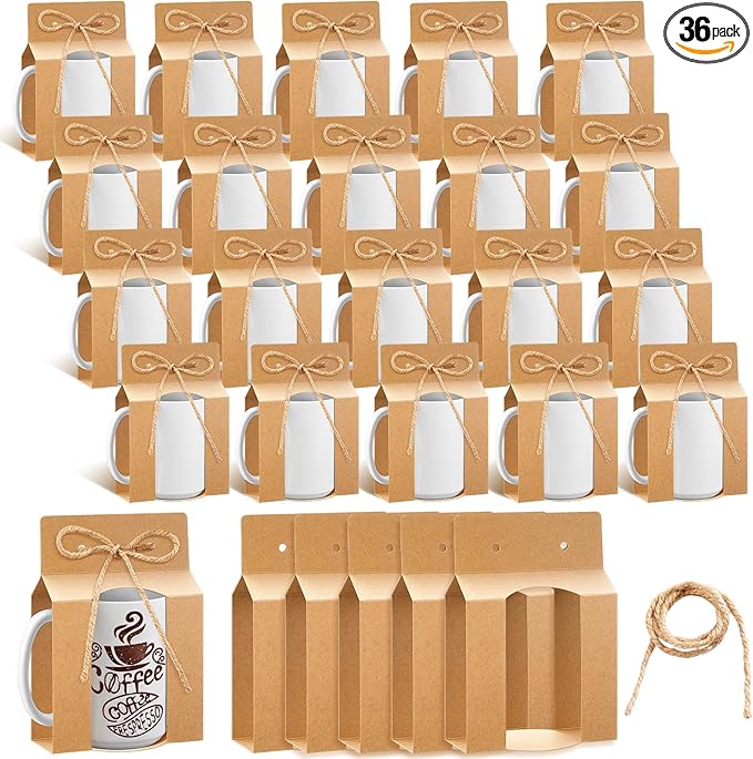 Kosiz 36 Pcs Mug Boxes Sublimation Coffee Mugs Gift Bags with Window Packaging Storage Box for Shipping Selling Wedding Valentines Gift Packaging Wrapping (for 15oz Mug,Brown)
