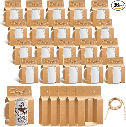 Kosiz 36 Pcs Mug Boxes Sublimation Coffee Mugs Gift Bags with Window Packaging Storage Box for Shipping Selling Wedding Valentines Gift Packaging Wrapping (for 15oz Mug,Brown)