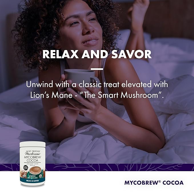 Host Defense MycoBrew Cocoa - Cocoa Drink Mix Includes Lion's Mane Mushroom Powder - Superfood Powder Drink Mix with Fair Trade Certified Chocolate - 10.6 oz (20 Servings)